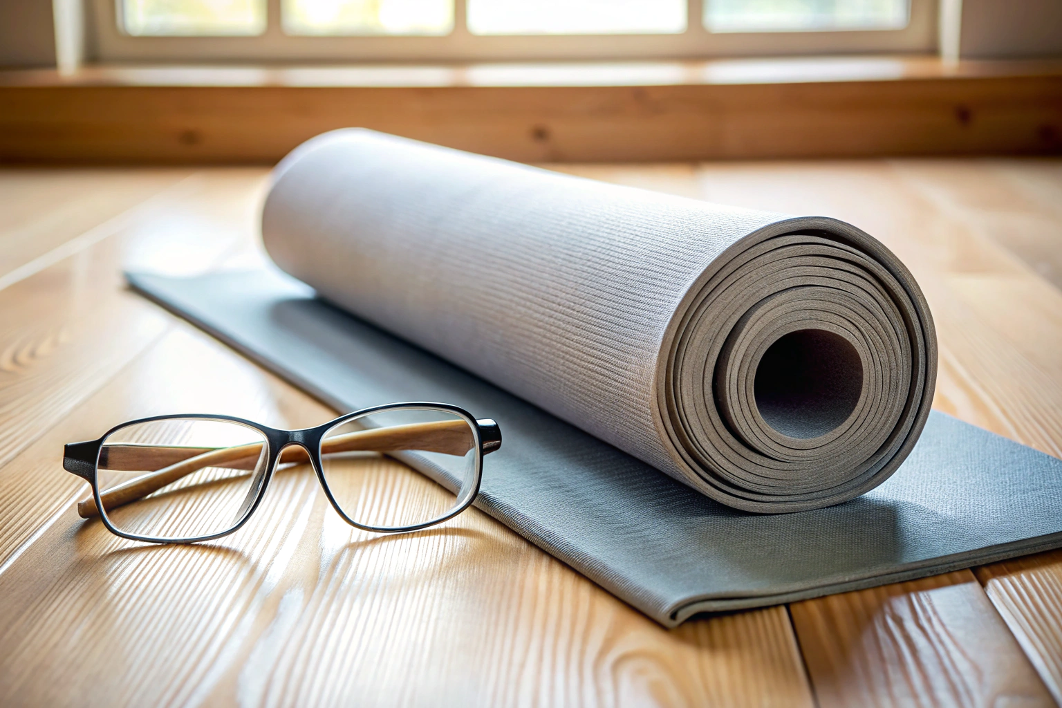 A peaceful image of a yoga mat with a book and a pair of glasses placed beside it, suggesting a quiet reading session, set against a neutral background with no text or branding