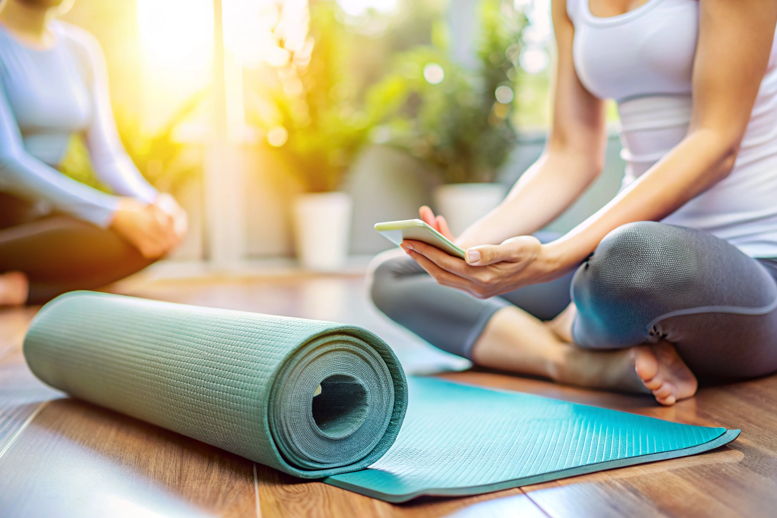A peaceful and abstract representation of communication, showing blurred hands holding a yoga mat next to a device, with a calming background of soft colors and no identifiable elements