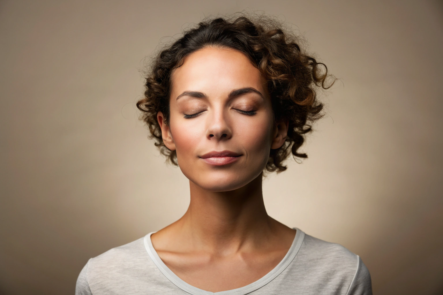 Eine Person in einer meditativen Sitzhaltung, die tief atmet, mit geschlossenen Augen und entspanntem Gesichtsausdruck, vor einem neutralen Hintergrund ohne erkennbare Symbole oder Text