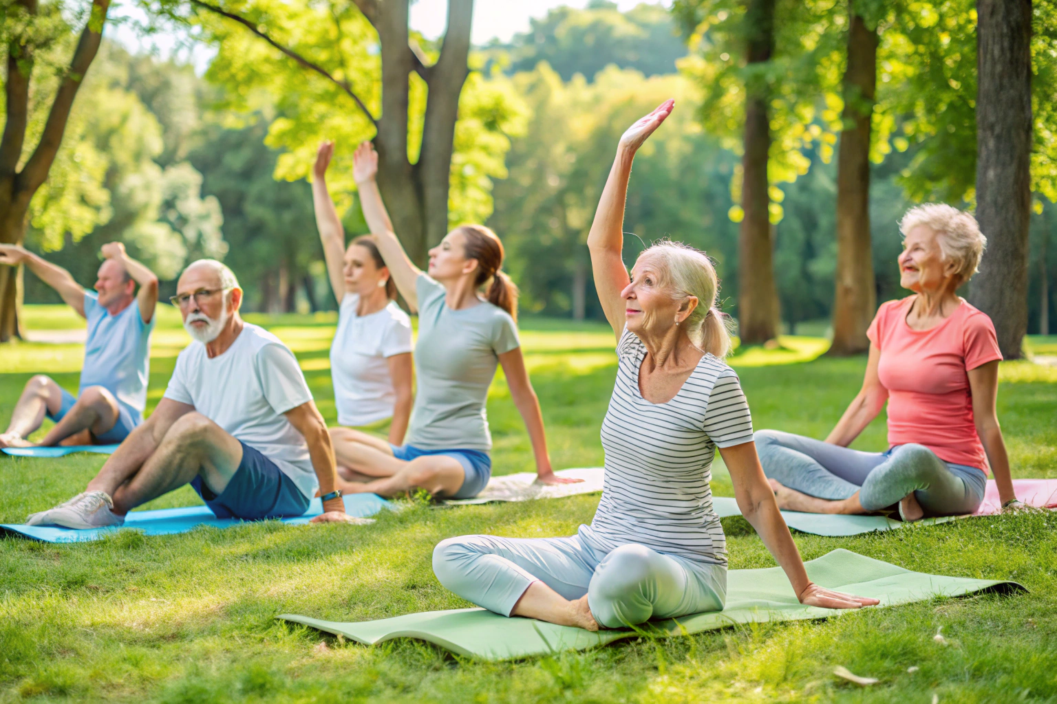 Eine friedliche Szene mit Menschen verschiedener Altersgruppen und Hintergründe, die gemeinsam Yoga in einem ruhigen Park üben, mit sanften Dehnungen und entspannten Gesichtern, ohne jegliche Markierungen oder Symbole