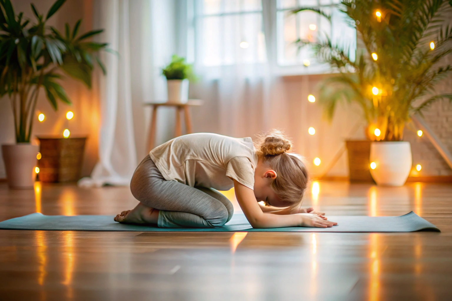 A person in Childs Pose on a yoga mat in a peaceful room with soft lighting