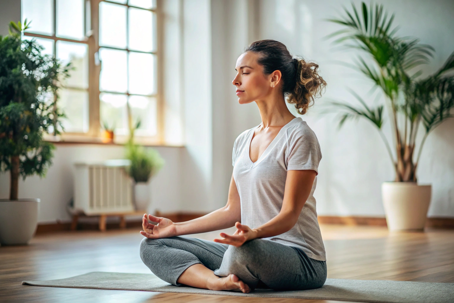 Eine Person in einer entspannten Yoga-Position, sitzend mit geschlossenen Augen und ruhigem Gesichtsausdruck, in einem neutralen Raum mit weichem Licht